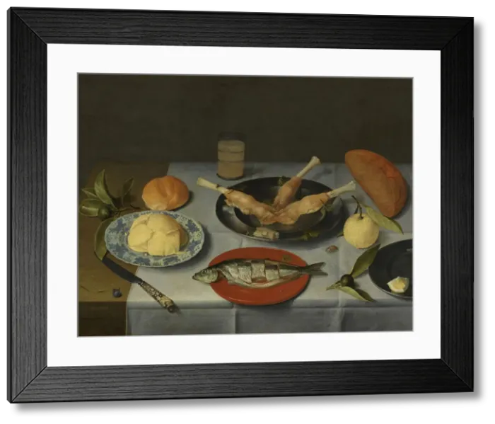 Framed Print : Breakfast with bread, cheese, fish and beer, c. 1615. Artist: Hulsdonck, Jacob van (1582-1647) Framed Print : Breakfast with bread, cheese, fish and beer, c. 1615. Artist: Hulsdonck, Jacob van (1582-1647)