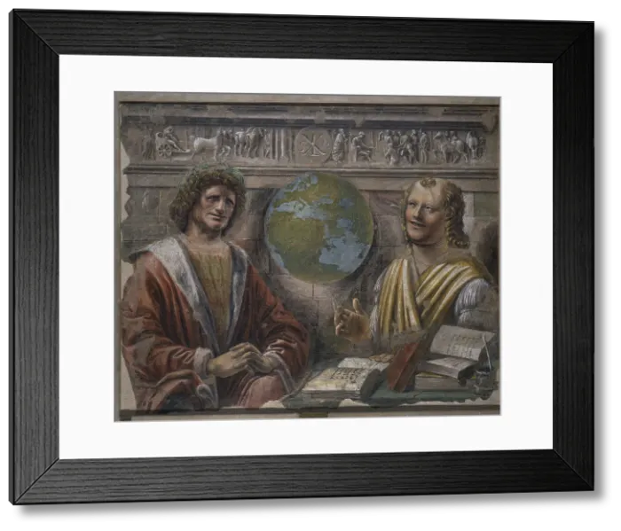 Framed Print : Heraclitus and Democritus, 1486. Artist: Bramante, Donato (1444-1514) Framed Print : Heraclitus and Democritus, 1486. Artist: Bramante, Donato (1444-1514)