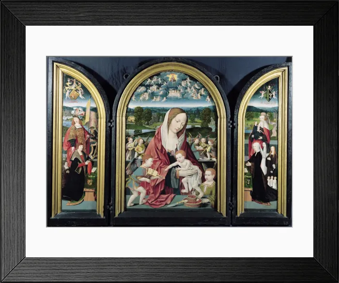 Framed Print : Virgin and Child with Music-Making Angels and the Sampsons-Coolen family, Triptych, 1500-1525. Artist: Cornelisz van Oostsanen, Jacob (ca. 1470-1533) Framed Print : Virgin and Child with Music-Making Angels and the Sampsons-Coolen family, Triptych, 1500-1525. Artist: Cornelisz van Oostsanen, Jacob (ca. 1470-1533)