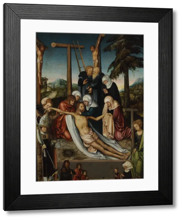 Framed Print : The Lamentation over Christ with Saints Wolfgang and Helena, c. 1525. Artist: Cranach, Lucas, the Elder (1472-1553) Framed Print : The Lamentation over Christ with Saints Wolfgang and Helena, c. 1525. Artist: Cranach, Lucas, the Elder (1472-1553)