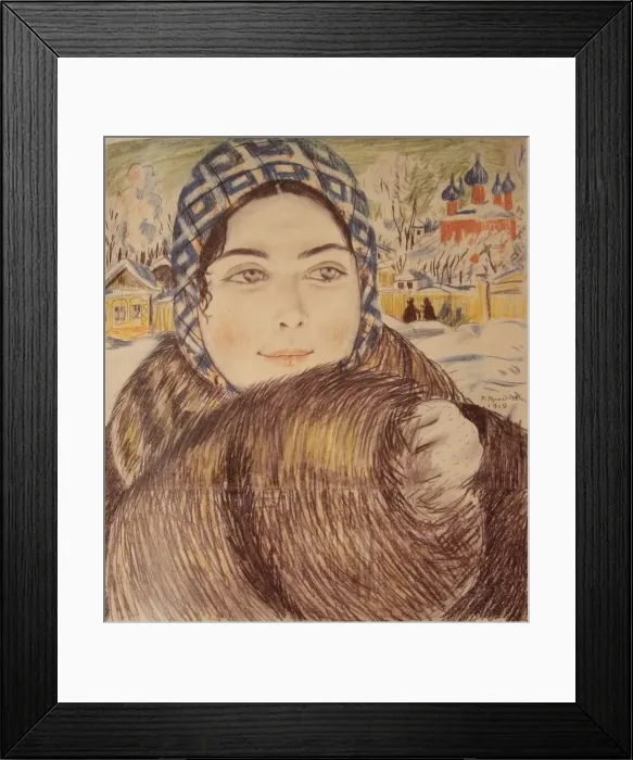 Framed Print : A young merchants wife in the a checkered scarf, 1919. Artist: Kustodiev, Boris Michaylovich (1878-1927) Framed Print : A young merchants wife in the a checkered scarf, 1919. Artist: Kustodiev, Boris Michaylovich (1878-1927)