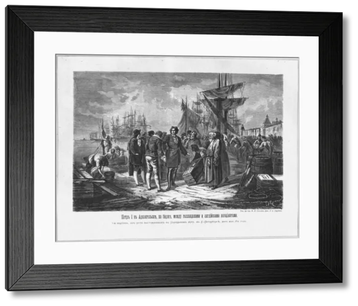 Framed Print : Peter I in Arkhangelsk between the Dutch and English merchants, 19th century. Artist: Anonymous Framed Print : Peter I in Arkhangelsk between the Dutch and English merchants, 19th century. Artist: Anonymous