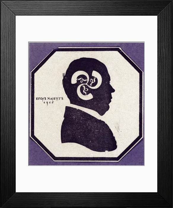 Framed Print : Self-portrait. Silhouette with the elements of the Narbuts family arms, 1915. Artist: Narbut, Georgi Ivanovich (1886-1920) Framed Print : Self-portrait. Silhouette with the elements of the Narbuts family arms, 1915. Artist: Narbut, Georgi Ivanovich (1886-1920)