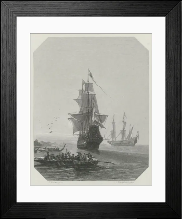 Framed Print : Arrival of Abel Tasman in New Zealand, 1642-1643, ca 1865. Artist: Rennefeld, Johannes Heinrich Maria Hubert (1832-1877) Framed Print : Arrival of Abel Tasman in New Zealand, 1642-1643, ca 1865. Artist: Rennefeld, Johannes Heinrich Maria Hubert (1832-1877)
