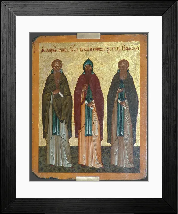 Framed Print : Saints Chariton the Confessor, Barlaam of Khutyn and Sergius of Radonezh, 15th century. Artist: Russian icon Framed Print : Saints Chariton the Confessor, Barlaam of Khutyn and Sergius of Radonezh, 15th century. Artist: Russian icon