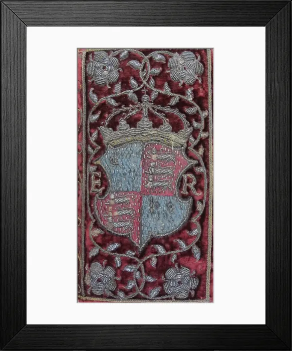 Framed Print : Embroidered velvet binding on John Udalls Sermons with the arms of Elizabeth I, 1596. Artist: Anonymous master Framed Print : Embroidered velvet binding on John Udalls Sermons with the arms of Elizabeth I, 1596. Artist: Anonymous master