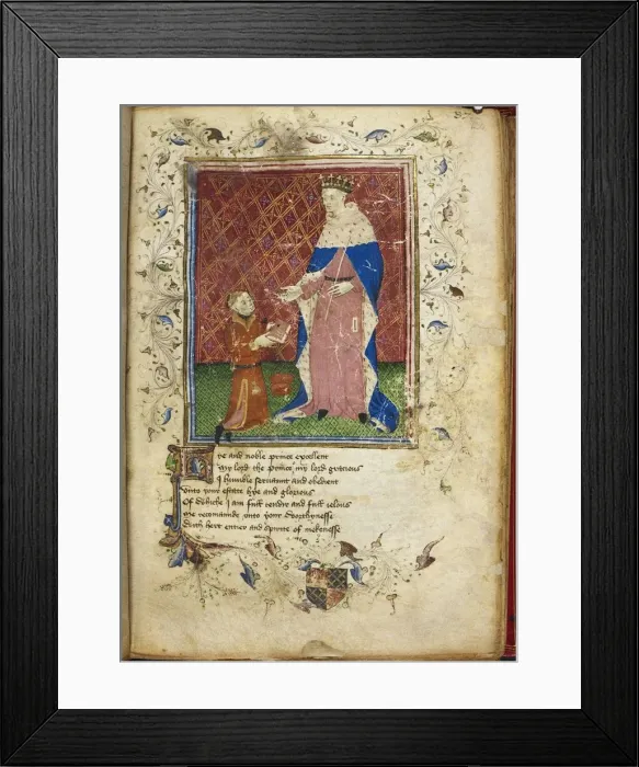 Framed Print : The author presenting his book to Henry V (from Thomas Hoccleves Regiment of Princes), 15th century Artist: Anonymous Framed Print : The author presenting his book to Henry V (from Thomas Hoccleves Regiment of Princes), 15th century Artist: Anonymous