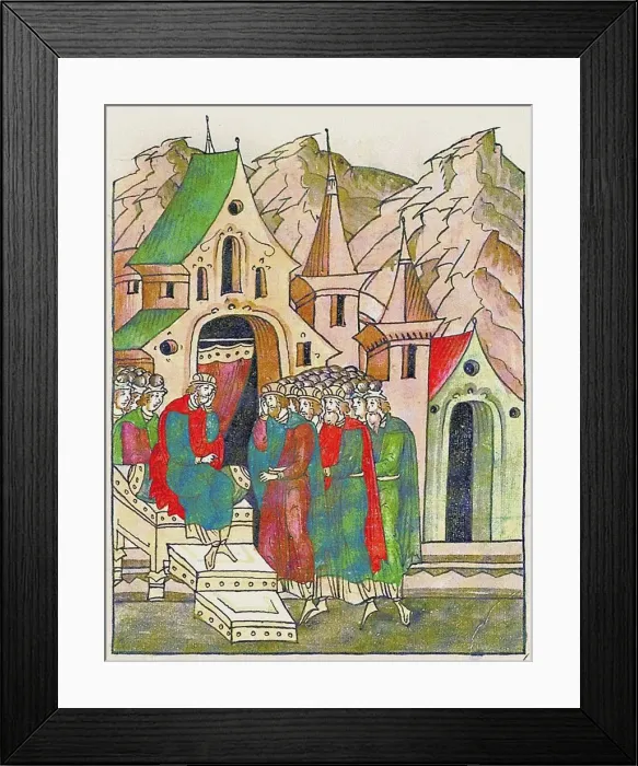 Framed Print : Yaropolk of Kiev calls his brothers to reconcile. (From the Illuminated Compiled Chronicle), Second Artist: Anonymous Framed Print : Yaropolk of Kiev calls his brothers to reconcile. (From the Illuminated Compiled Chronicle), Second Artist: Anonymous