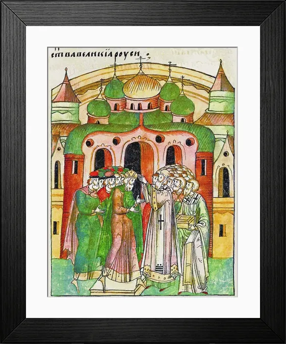Framed Print : Vladimir Vsevolodovich crowned by Bishop Neophytos with Monomakhs Cap. (From the Illuminated Compil Artist: Anonymous Framed Print : Vladimir Vsevolodovich crowned by Bishop Neophytos with Monomakhs Cap. (From the Illuminated Compil Artist: Anonymous