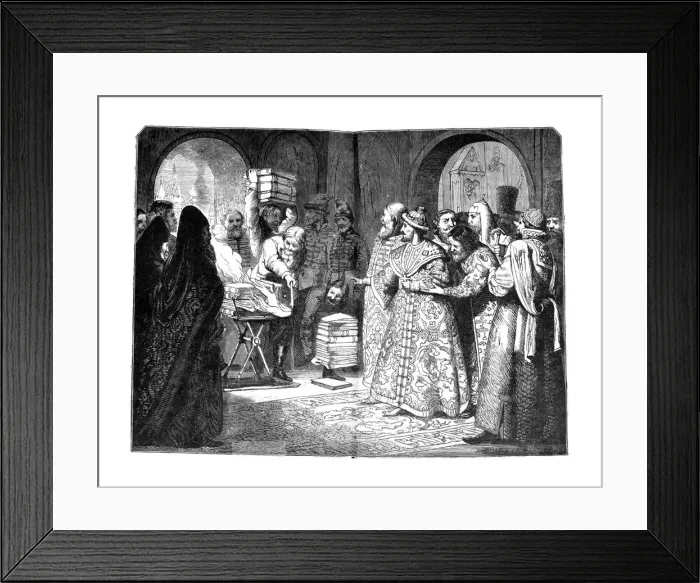 Framed Print : Tsar Fyodor III burn the Books of Russian Nobility 1682, 1880s. Artist: Dmitriev-Orenburgsky, Nikolai Dmitrievich (1837-1898)