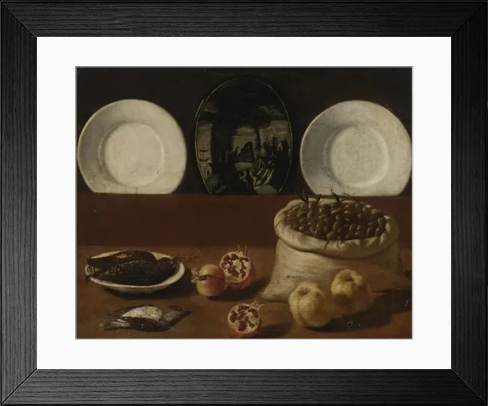 Framed Print : Still life with plates, a sack filled with olives, game, pomegranates, and quince. Artist: Barbieri, Paolo Antonio (1603-1649) Framed Print : Still life with plates, a sack filled with olives, game, pomegranates, and quince. Artist: Barbieri, Paolo Antonio (1603-1649)