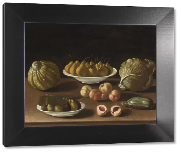Still life with pears, peaches, figs, a melon, cabbage and marrow. Artist: Barbieri, Paolo Antonio (1603-1649)
