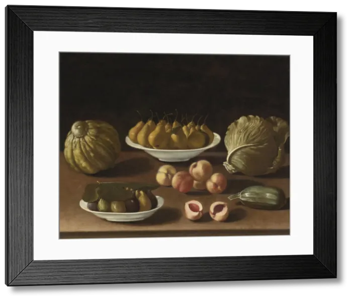 Framed Print : Still life with pears, peaches, figs, a melon, cabbage and marrow. Artist: Barbieri, Paolo Antonio (1603-1649) Framed Print : Still life with pears, peaches, figs, a melon, cabbage and marrow. Artist: Barbieri, Paolo Antonio (1603-1649)