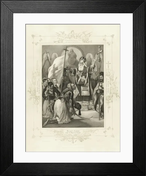 Framed Print : The Metropolitan Germanos raising the banner of freedom (From the Album of Greek Heroism), ca 1835. Artist: Hess, Peter von (1792?1871) Framed Print : The Metropolitan Germanos raising the banner of freedom (From the Album of Greek Heroism), ca 1835. Artist: Hess, Peter von (1792?1871)