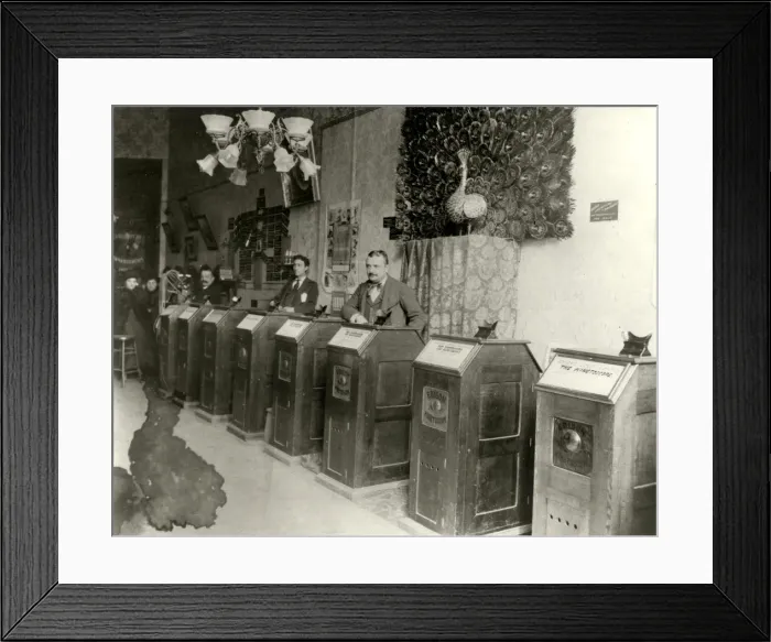 Framed Print : San Francisco Parlor with Kinetoscopes, 1894-1895. Artist: Anonymous Framed Print : San Francisco Parlor with Kinetoscopes, 1894-1895. Artist: Anonymous