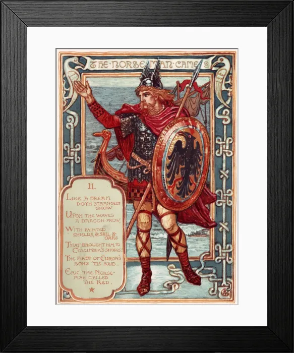 Framed Print : The Norseman. From: Columbias Courtship: A Picture History of the United States, 1893. Artist: Crane, Walter (1845-1915) Framed Print : The Norseman. From: Columbias Courtship: A Picture History of the United States, 1893. Artist: Crane, Walter (1845-1915)