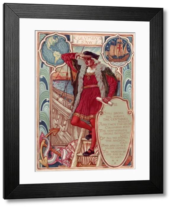 Framed Print : Christopher Columbus. From: Columbias Courtship: A Picture History of the United States, 1893. Artist: Crane, Walter (1845-1915) Framed Print : Christopher Columbus. From: Columbias Courtship: A Picture History of the United States, 1893. Artist: Crane, Walter (1845-1915)