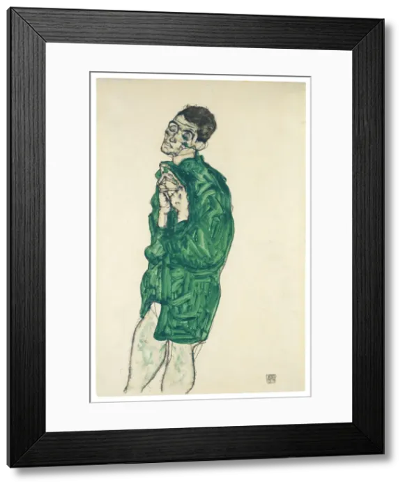 Framed Print : Self-portrait in green shirt with eyes closed, 1914. Artist: Schiele, Egon (1890-1918)
