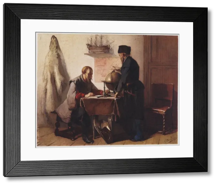 Framed Print : Jacob van Heemskerk and Willem Barendsz. plan their trip to the Arctic in 1594. Artist: Bisschop, Christoffel (1828-1904) Framed Print : Jacob van Heemskerk and Willem Barendsz. plan their trip to the Arctic in 1594. Artist: Bisschop, Christoffel (1828-1904)