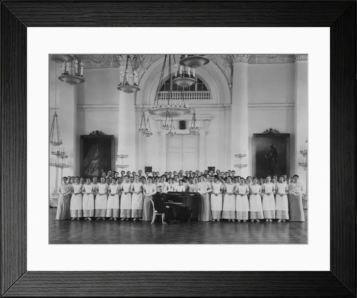 Framed Print : Pupils of the Smolny Institute for Noble Maidens at a Music Lesson, c. 1913. Artist: Bulla, Karl Karlovich (1853-1929) Framed Print : Pupils of the Smolny Institute for Noble Maidens at a Music Lesson, c. 1913. Artist: Bulla, Karl Karlovich (1853-1929)