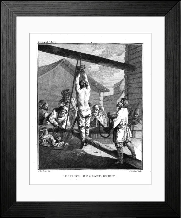 Framed Print : Punishment with a Great Knout. From Voyage en Siberie, 1766. Artist: Le Prince, Jean-Baptiste (1734-1781) Framed Print : Punishment with a Great Knout. From Voyage en Siberie, 1766. Artist: Le Prince, Jean-Baptiste (1734-1781)