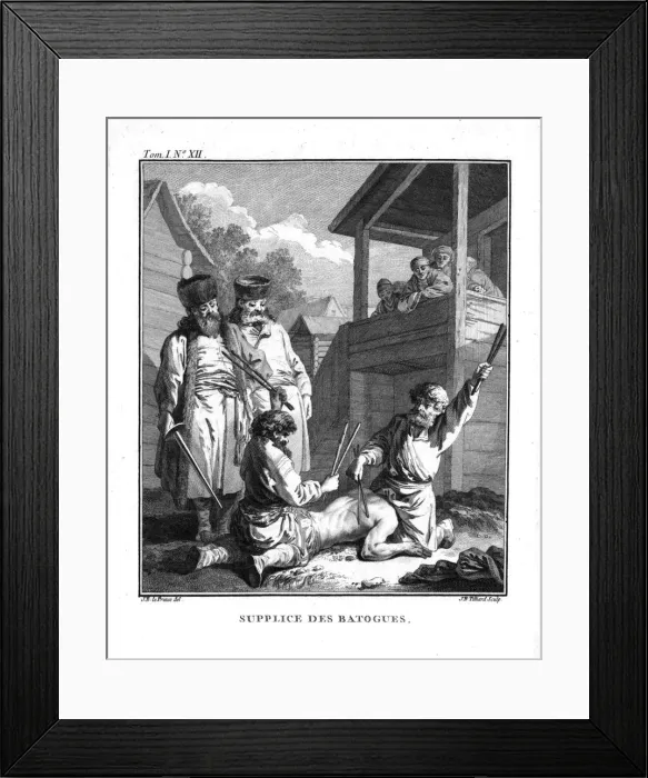 Framed Print : Punishment with batogs. From Voyage en Siberie, 1766. Artist: Le Prince, Jean-Baptiste (1734-1781) Framed Print : Punishment with batogs. From Voyage en Siberie, 1766. Artist: Le Prince, Jean-Baptiste (1734-1781)