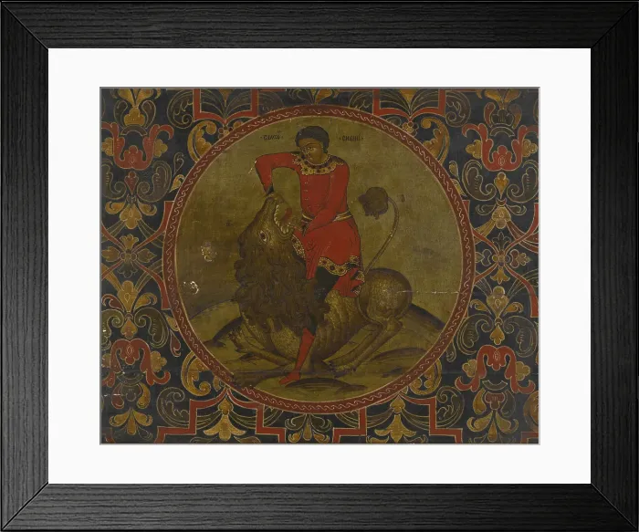 Framed Print : Samson Fighting the Lion, Early 18th century. Artist: Russian icon Framed Print : Samson Fighting the Lion, Early 18th century. Artist: Russian icon