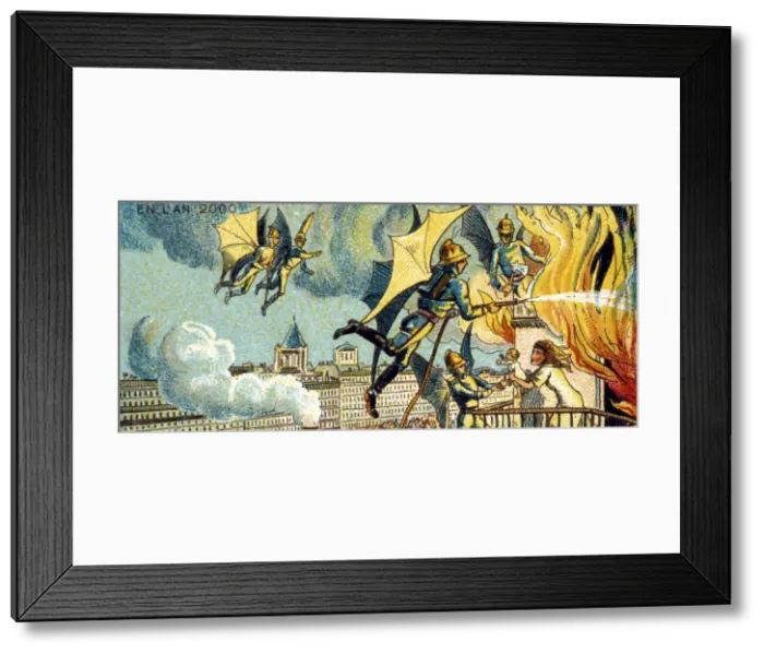 Framed Print : Flying Fireman. From the series Visions of the Year 2000, 1899. Artist: Cote, Jean-Marc (active End of 19th cen. ) Framed Print : Flying Fireman. From the series Visions of the Year 2000, 1899. Artist: Cote, Jean-Marc (active End of 19th cen. )