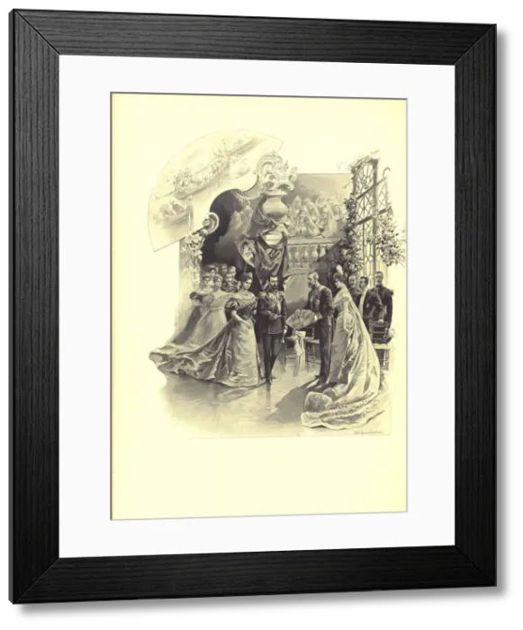 Framed Print : Alexandra Fyorodovna and Nicholas II during the ceremonial reception at the French Embassy, 1899. Artist: Samokish-Sudkovskaya, Elena Petrovna (1863-1924) Framed Print : Alexandra Fyorodovna and Nicholas II during the ceremonial reception at the French Embassy, 1899. Artist: Samokish-Sudkovskaya, Elena Petrovna (1863-1924)