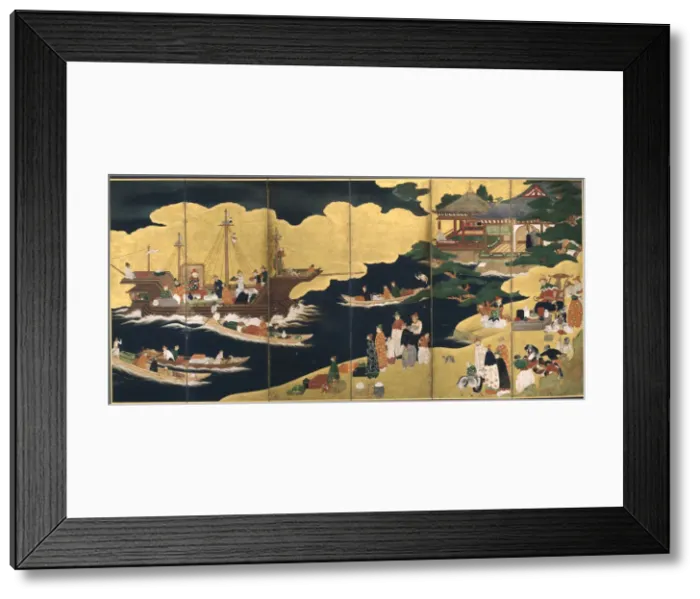 Framed Print : Arrival of a Portuguese ship. Nanban screen, ca. 1600. Artist: Anonymous Framed Print : Arrival of a Portuguese ship. Nanban screen, ca. 1600. Artist: Anonymous