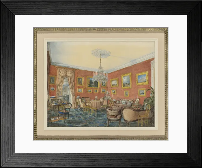 Framed Print : View of the artists drawing room in his townhouse by the Neva in St. Petersburg, 1859. Artist: Hau, Eduard (1807-1887) Framed Print : View of the artists drawing room in his townhouse by the Neva in St. Petersburg, 1859. Artist: Hau, Eduard (1807-1887)