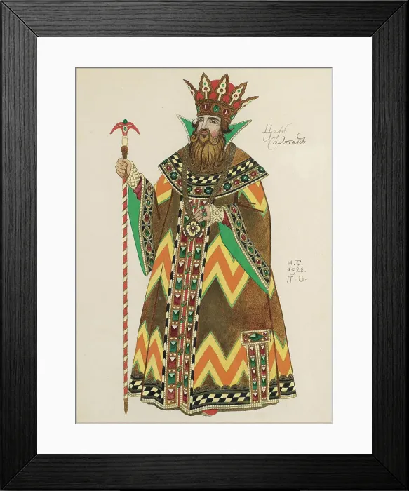 Framed Print : Tsar Saltan. Costume design for the opera The Tale of Tsar Saltan by N. Rimsky-Korsakov, 1928. Artist: Bilibin, Ivan Yakovlevich (1876-1942) Framed Print : Tsar Saltan. Costume design for the opera The Tale of Tsar Saltan by N. Rimsky-Korsakov, 1928. Artist: Bilibin, Ivan Yakovlevich (1876-1942)