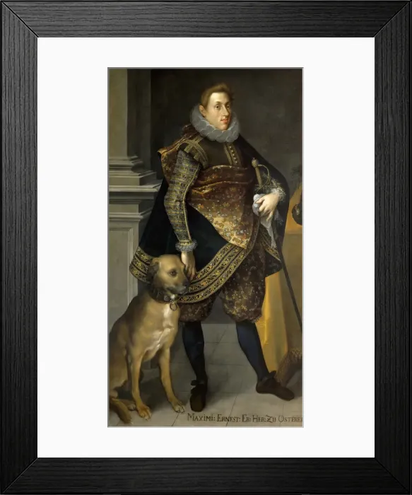 Framed Print : Archduke Maximilian Ernest of Austria (1583-1616) with a hunting dog, 1604. Artist: Heintz, Joseph, the Elder (1564-1609) Framed Print : Archduke Maximilian Ernest of Austria (1583-1616) with a hunting dog, 1604. Artist: Heintz, Joseph, the Elder (1564-1609)