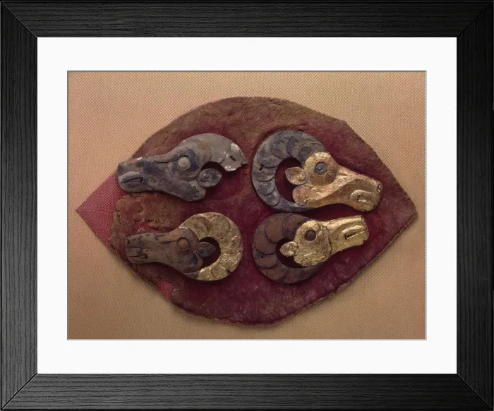 Framed Print : Fragment of a Felt Covering for a Saddle, with Mouflons Heads, 6th century BC. Artist: Ancient Altaian, Pazyryk Burial Mounds Framed Print : Fragment of a Felt Covering for a Saddle, with Mouflons Heads, 6th century BC. Artist: Ancient Altaian, Pazyryk Burial Mounds