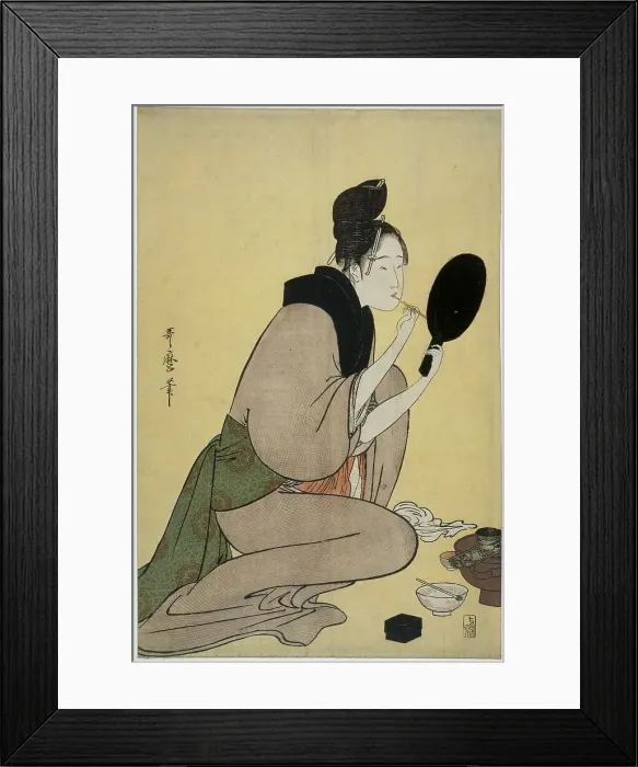 Framed Print : Bijin-ga. Girl applying makeup to her lips. Artist: Utamaro, Kitagawa (1753-1806) Framed Print : Bijin-ga. Girl applying makeup to her lips. Artist: Utamaro, Kitagawa (1753-1806)