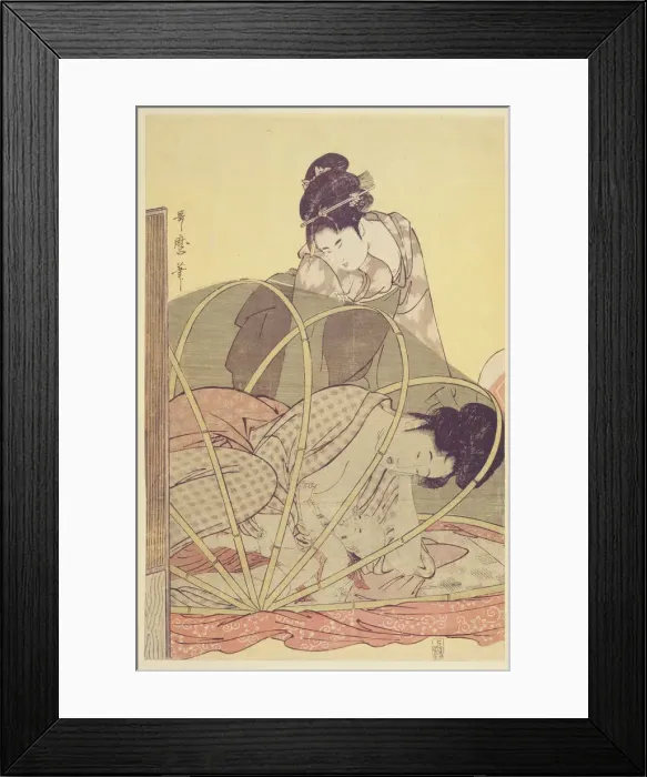 Framed Print : Mother Nursing Baby under Mosquito Net, c. 1795. Artist: Utamaro, Kitagawa (1753-1806) Framed Print : Mother Nursing Baby under Mosquito Net, c. 1795. Artist: Utamaro, Kitagawa (1753-1806)