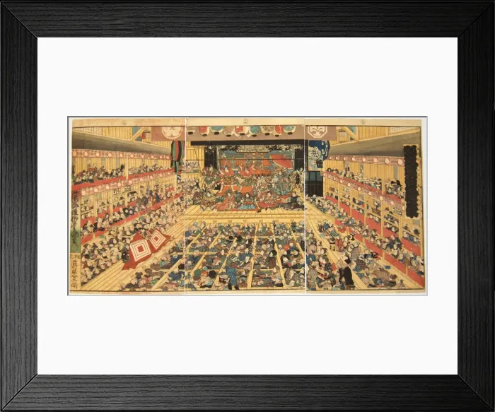 Framed Print : Odori-keiyo Edo-e no Sakae: Theatre interior with Shibaraku performance, 1858. Artist: Kunisada (Toyokuni III), Utagawa (1786-1865) Framed Print : Odori-keiyo Edo-e no Sakae: Theatre interior with Shibaraku performance, 1858. Artist: Kunisada (Toyokuni III), Utagawa (1786-1865)