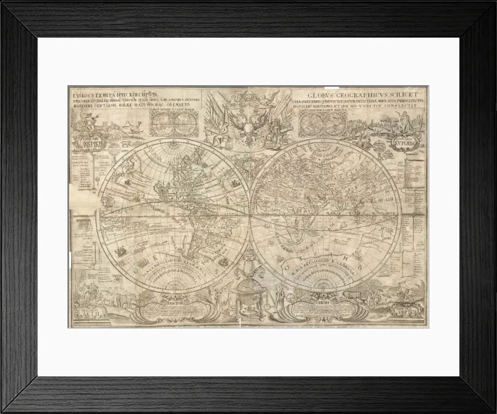Framed Print : Double hemisphere map of the World, 1707. Artist: Kiprianov, Vasily Anufrievich (1669-after 1723) Framed Print : Double hemisphere map of the World, 1707. Artist: Kiprianov, Vasily Anufrievich (1669-after 1723)