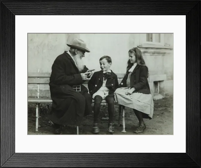 Framed Print : Leo Tolstoy with grandchildren Leo and Sofia, 1909. Artist: Chertkov, Vladimir Grigorievich (1854-1936) Framed Print : Leo Tolstoy with grandchildren Leo and Sofia, 1909. Artist: Chertkov, Vladimir Grigorievich (1854-1936)