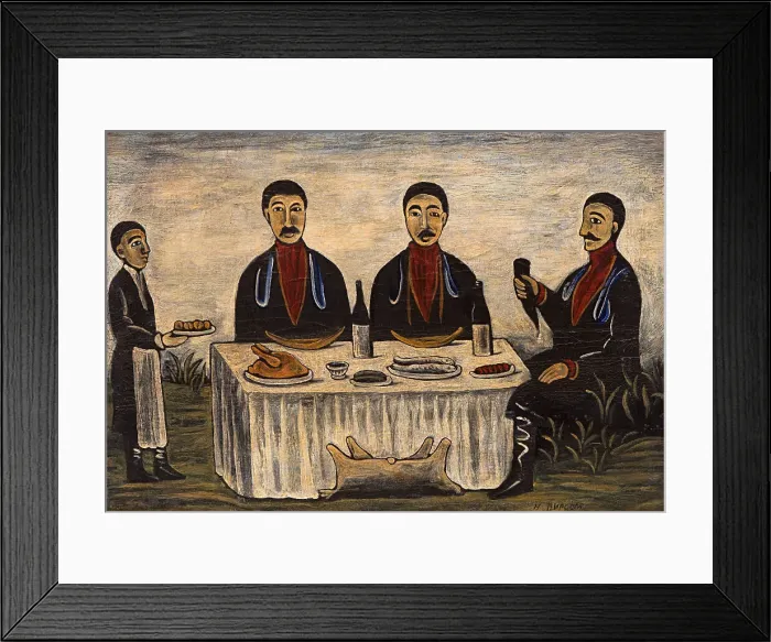 Framed Print : Three Men at Dinner, 1900s. Artist: Pirosmani, Niko (1862-1918) Framed Print : Three Men at Dinner, 1900s. Artist: Pirosmani, Niko (1862-1918)
