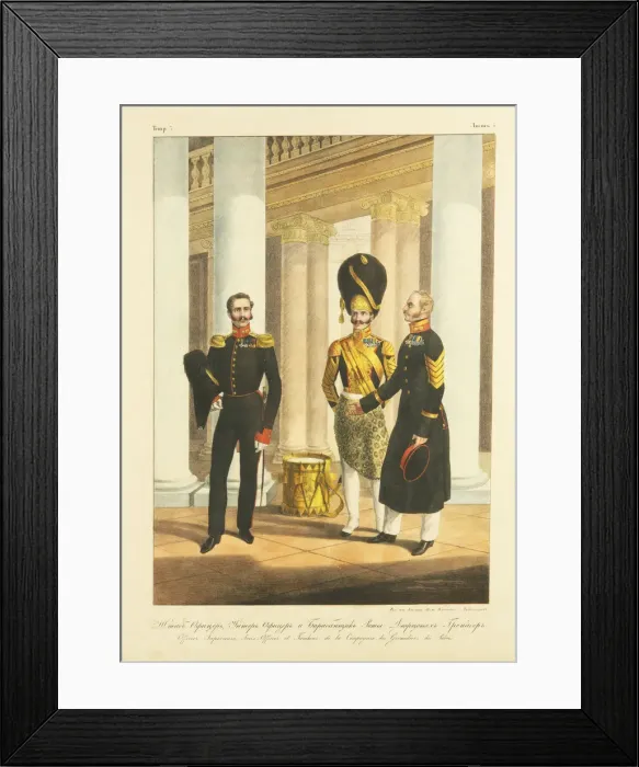 Framed Print : Staff Officer, Non-commissioned Officer, and Drummer of the Palace Guard Grenadiers, c. 1830. Artist: Alexandrov, Pyotr Alexandrovich (1794-?) Framed Print : Staff Officer, Non-commissioned Officer, and Drummer of the Palace Guard Grenadiers, c. 1830. Artist: Alexandrov, Pyotr Alexandrovich (1794-?)