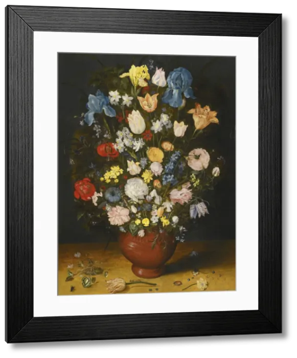Framed Print : Still life with irises, tulips, roses, and narcissus in a ceramic vase, c. 1600-1605 Framed Print : Still life with irises, tulips, roses, and narcissus in a ceramic vase, c. 1600-1605