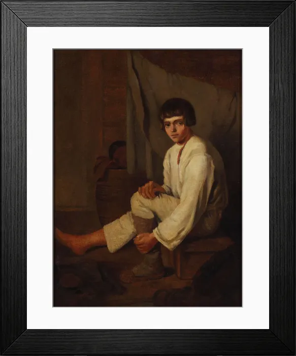 Framed Print : Boy putting bast shoe on, 1820s Framed Print : Boy putting bast shoe on, 1820s