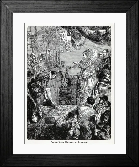 Framed Print : Francis Drake Knighted by Elizabeth, 1882. Artist: Anonymous Framed Print : Francis Drake Knighted by Elizabeth, 1882. Artist: Anonymous