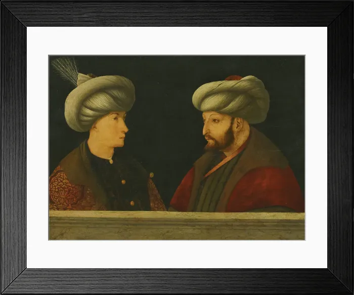 Framed Print : Portrait of Sultan Mehmed II with a young dignitary. Artist: Bellini, Gentile, (Follower of) Framed Print : Portrait of Sultan Mehmed II with a young dignitary. Artist: Bellini, Gentile, (Follower of)