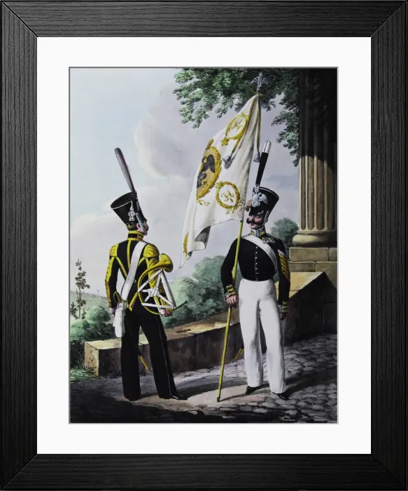 Framed Print : Porte-epee-Praporshchik and Hornist of the Guards Garrison Battalion, 1829. Artist: Belousov, Lev Alexandrovich (1806-1864)