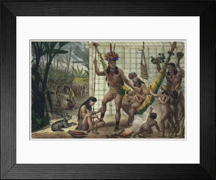 Framed Print : Family of a Camacan Indian Chief Preparing for a Festival. Illustration from Voyage pittoresque et h Framed Print : Family of a Camacan Indian Chief Preparing for a Festival. Illustration from Voyage pittoresque et h