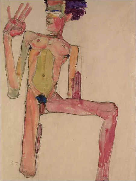 Kneeling Nude with Raised Hands (Self-Portrait)