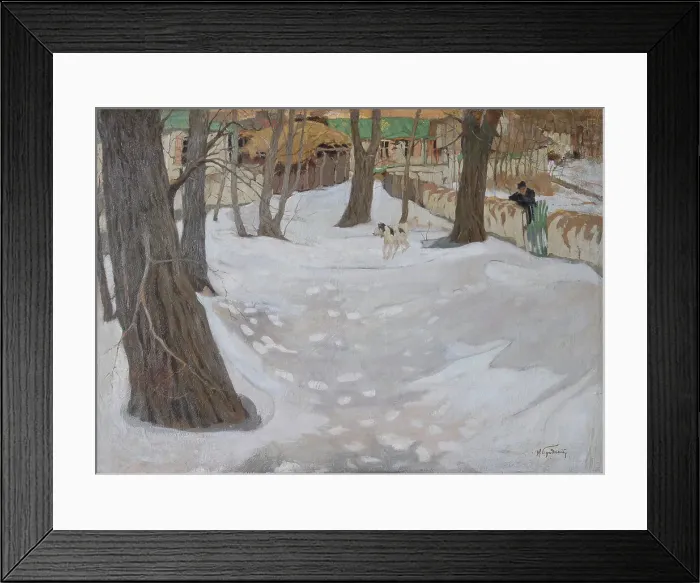 Framed Print : Winter Landscape with Small House and Dog Framed Print : Winter Landscape with Small House and Dog