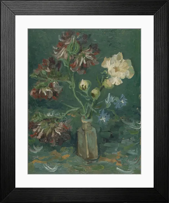 Framed Print : Bottle with Peonies and Blue Delphiniums Framed Print : Bottle with Peonies and Blue Delphiniums